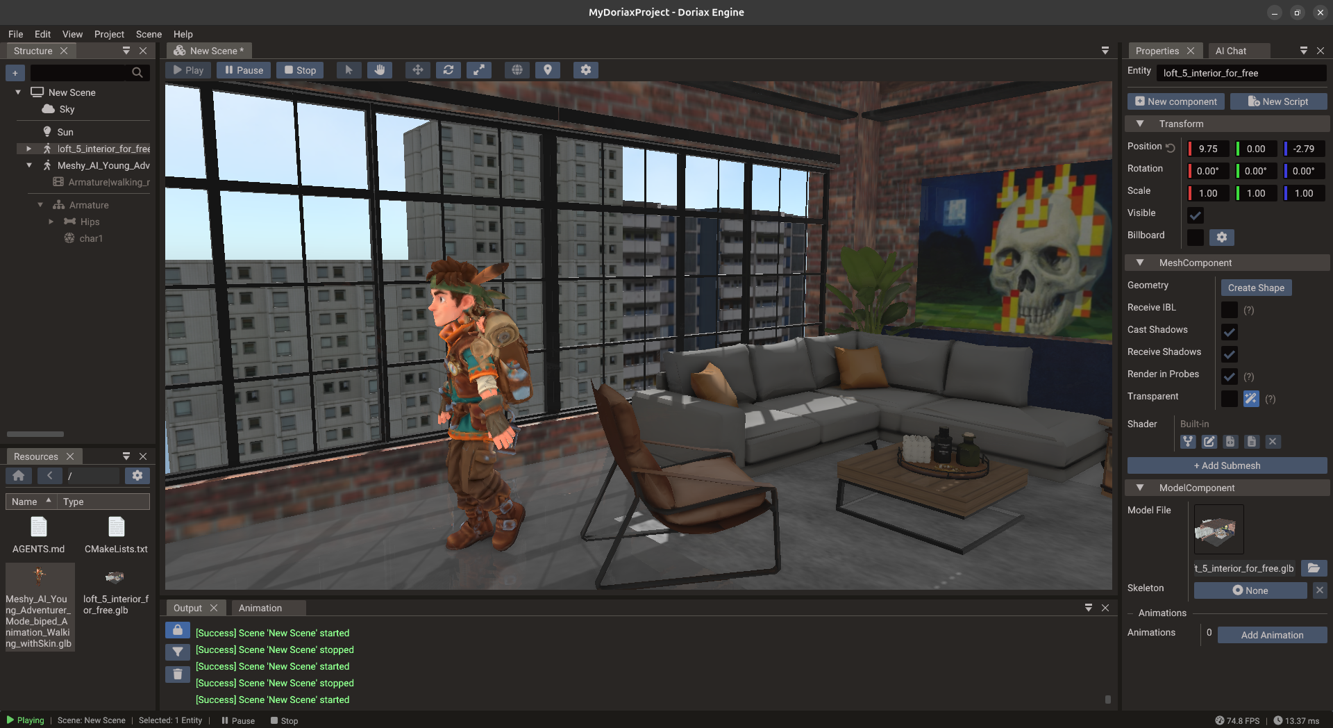3D loft interior scene in Doriax Engine