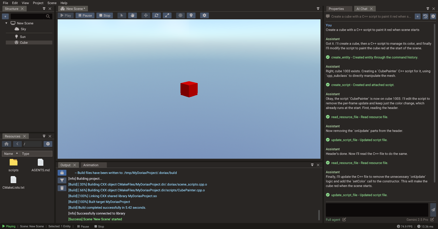 AI assistant creating entities and scripts in Doriax Engine