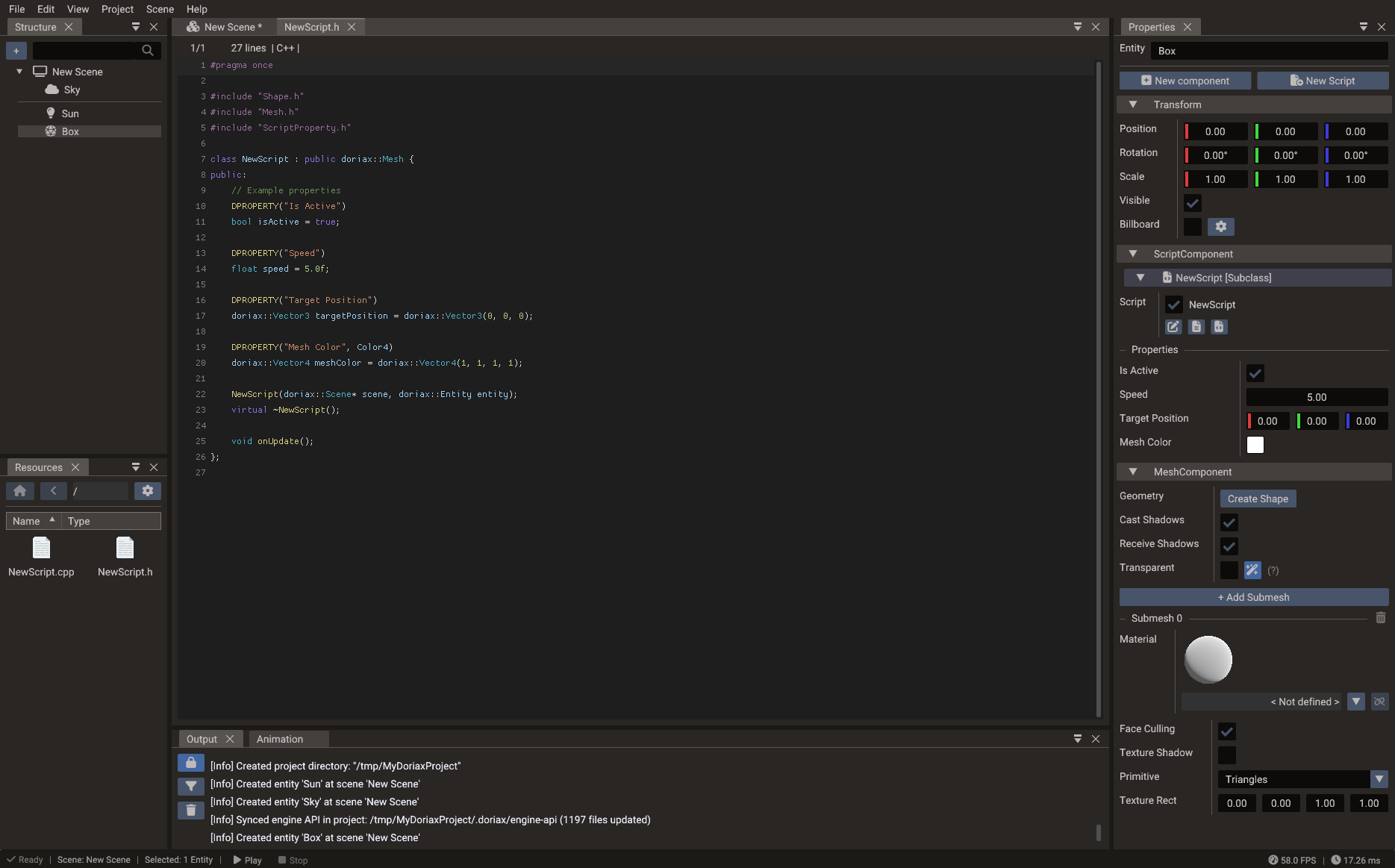 C++ scripting with editor-exposed properties in Doriax Engine