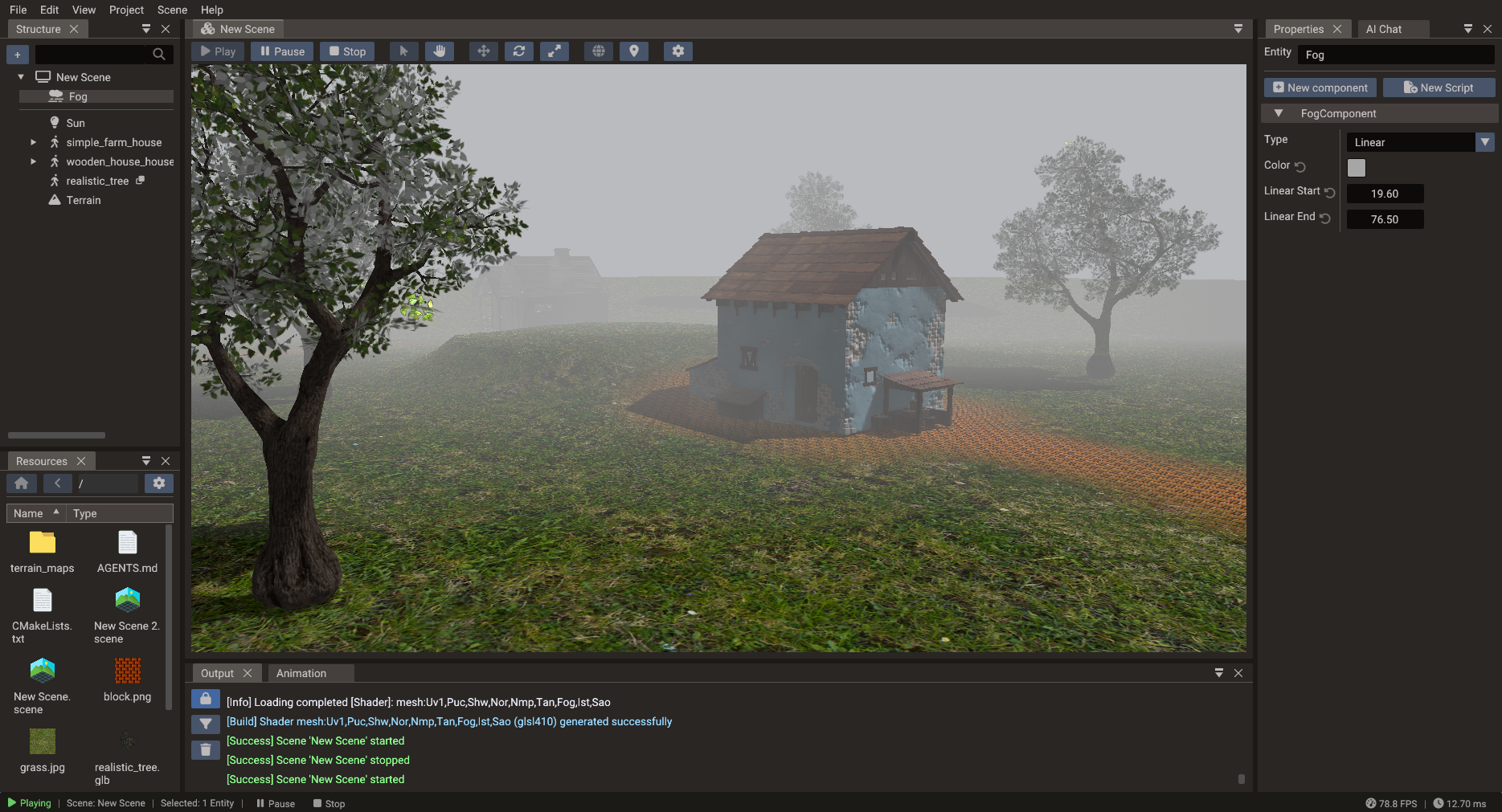 Linear fog settings on an outdoor terrain scene