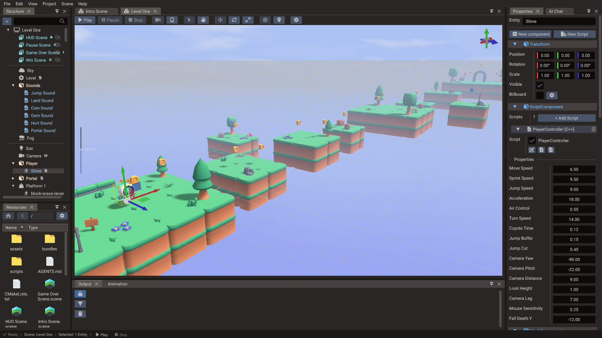 3D platformer level with a selected character in Doriax Engine