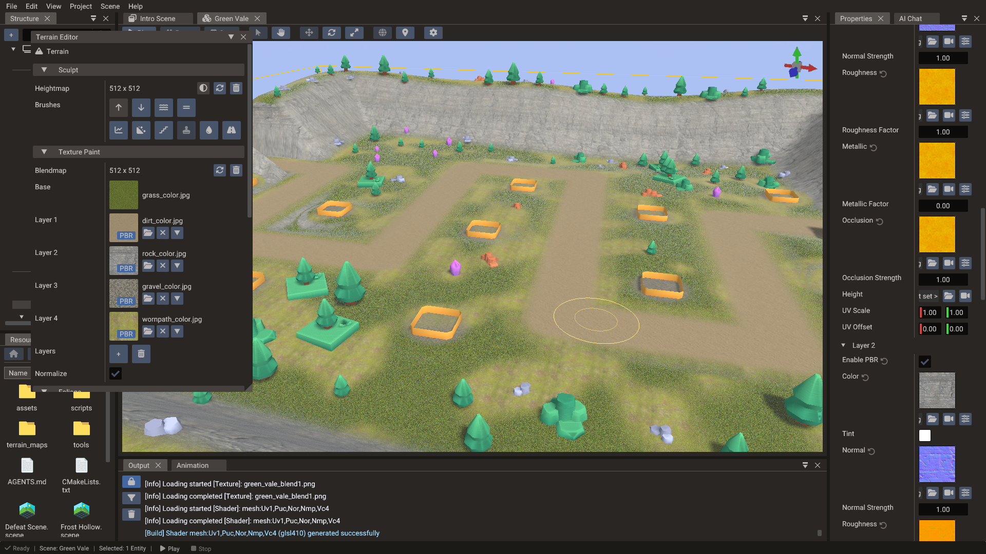 Terrain editor with sculpt brushes and PBR paint layers