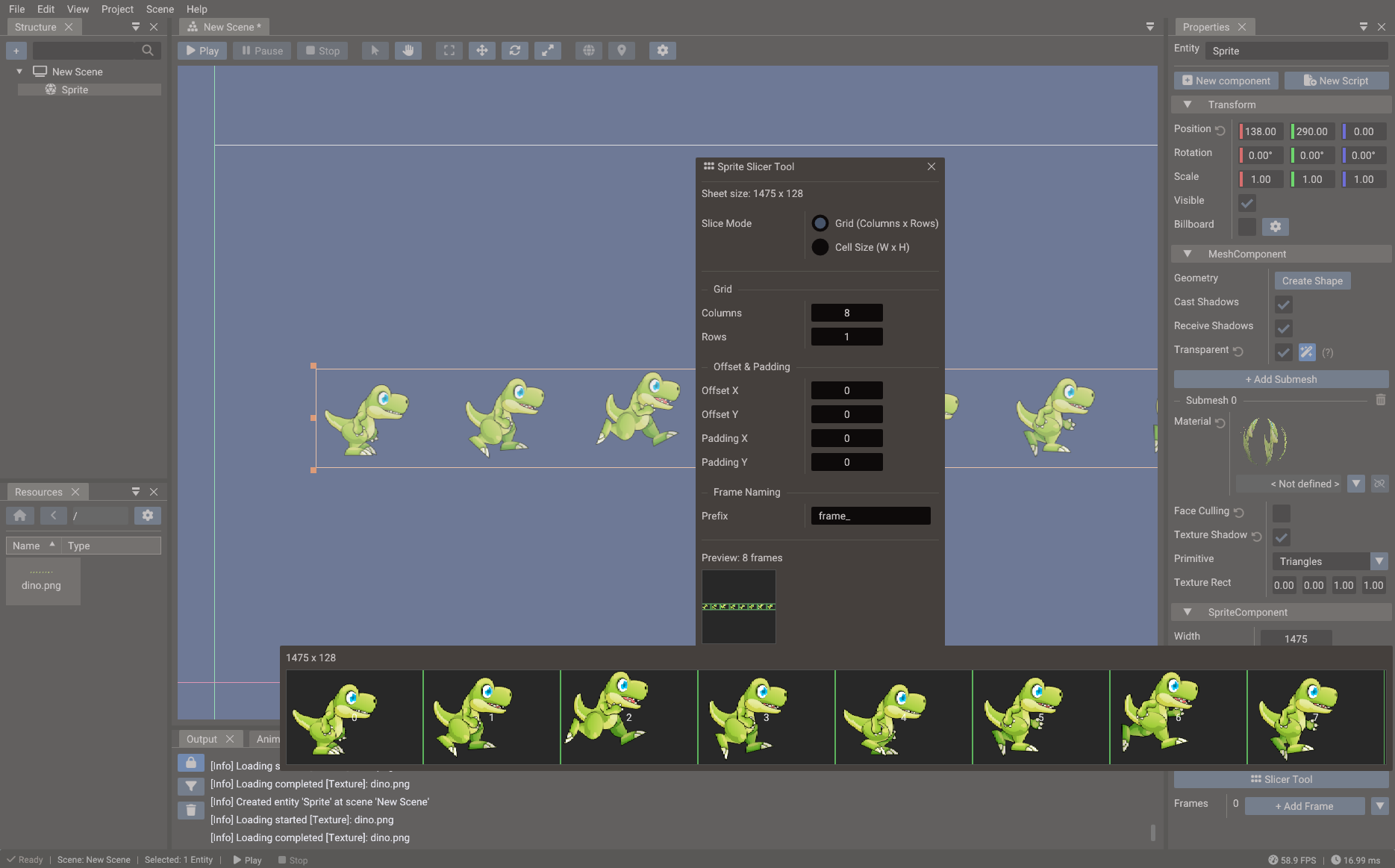 Sprite slicer tool with animation frames